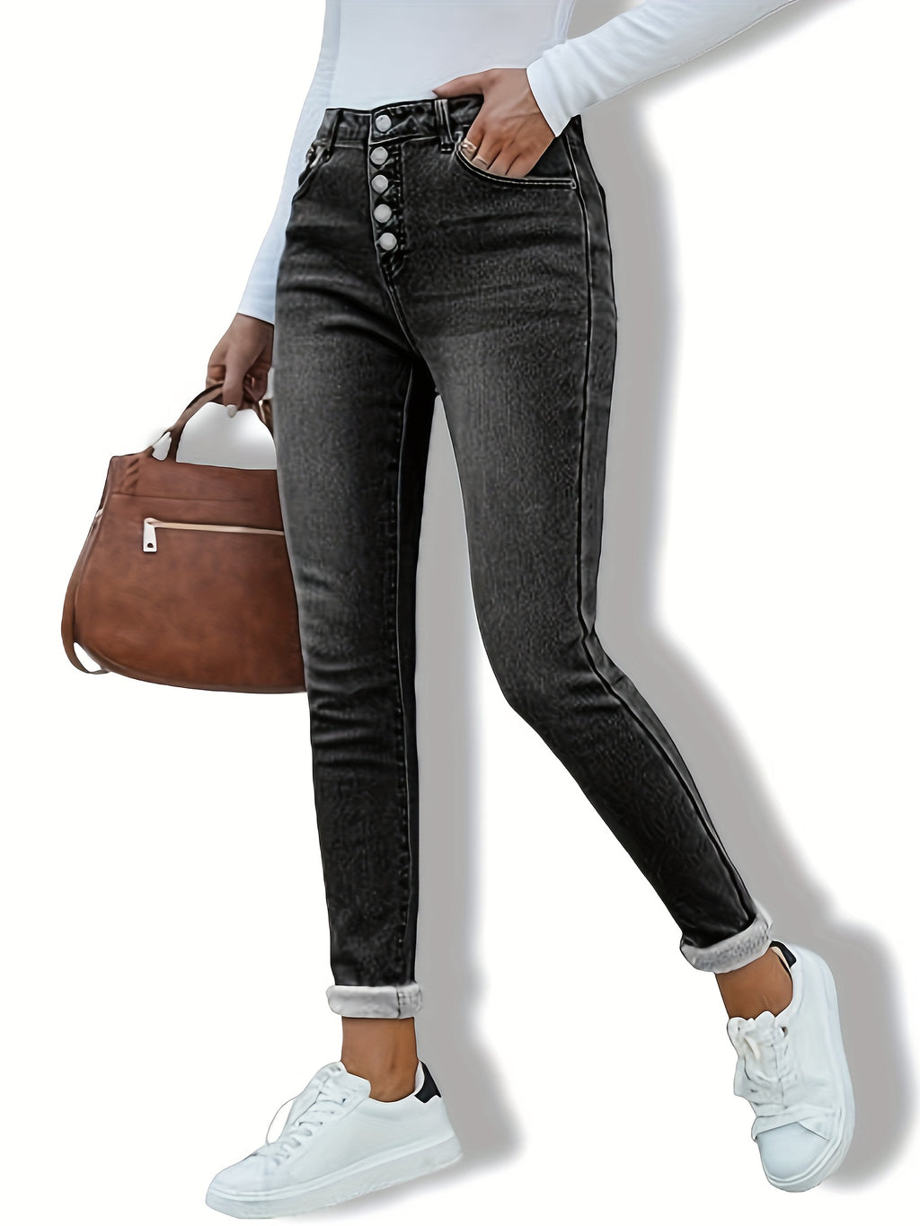 Odessa | Skinny jeans met fleecevoering - warme stretch denim met schuine zakken, knoopsluiting, comfortabele pasvorm