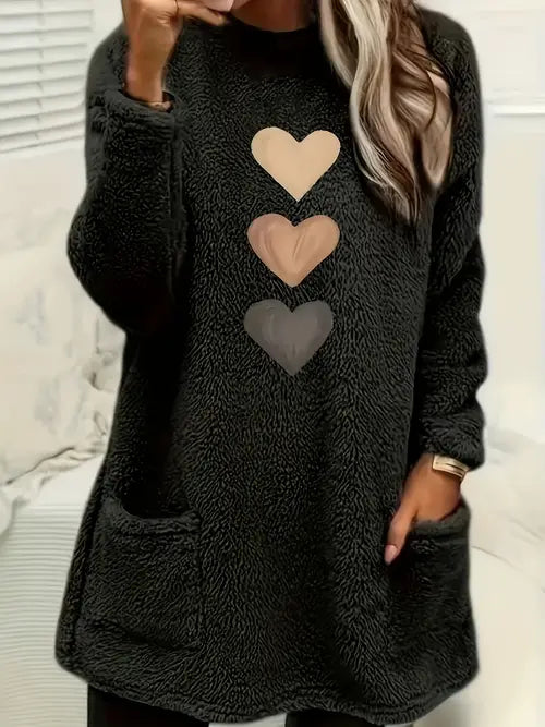 Gevina | Kleurrijk fleece sweatshirt met hartjes en zakken – Comfortabele wintertrui, zachte casual top