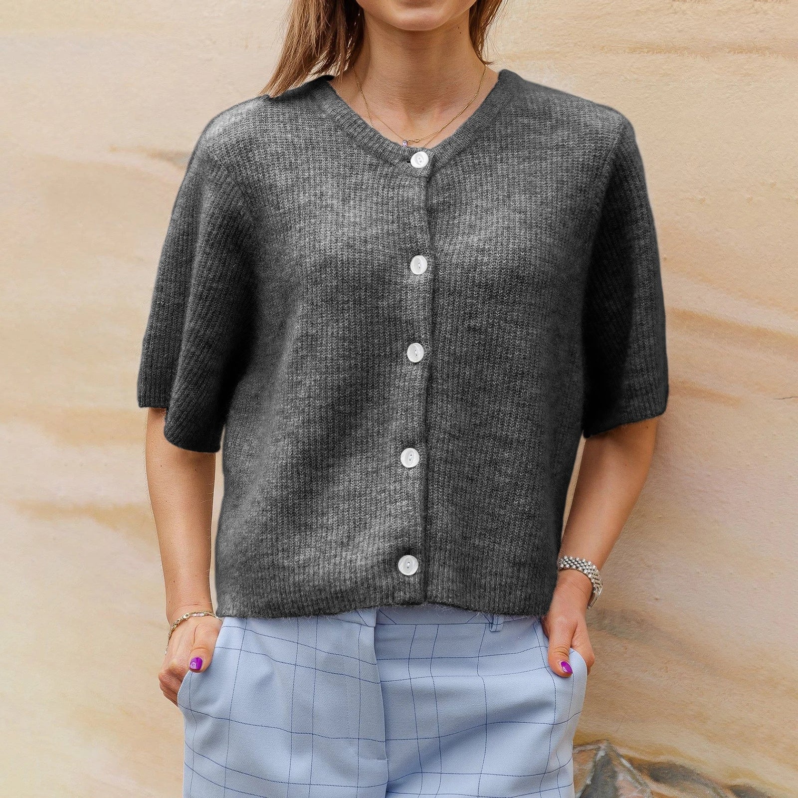 Cavara | Vintage vest met korte mouwen voor dames – Gebreide top met knopen, zachte trui