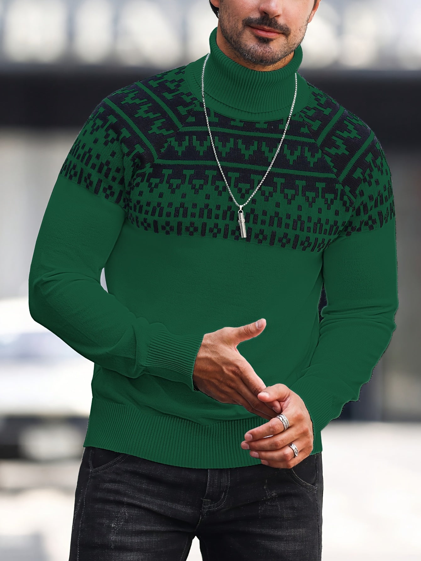 Beckett | Gebreide coltrui met geometrische grafische print, casual trui met lange mouwen voor herfst en winter
