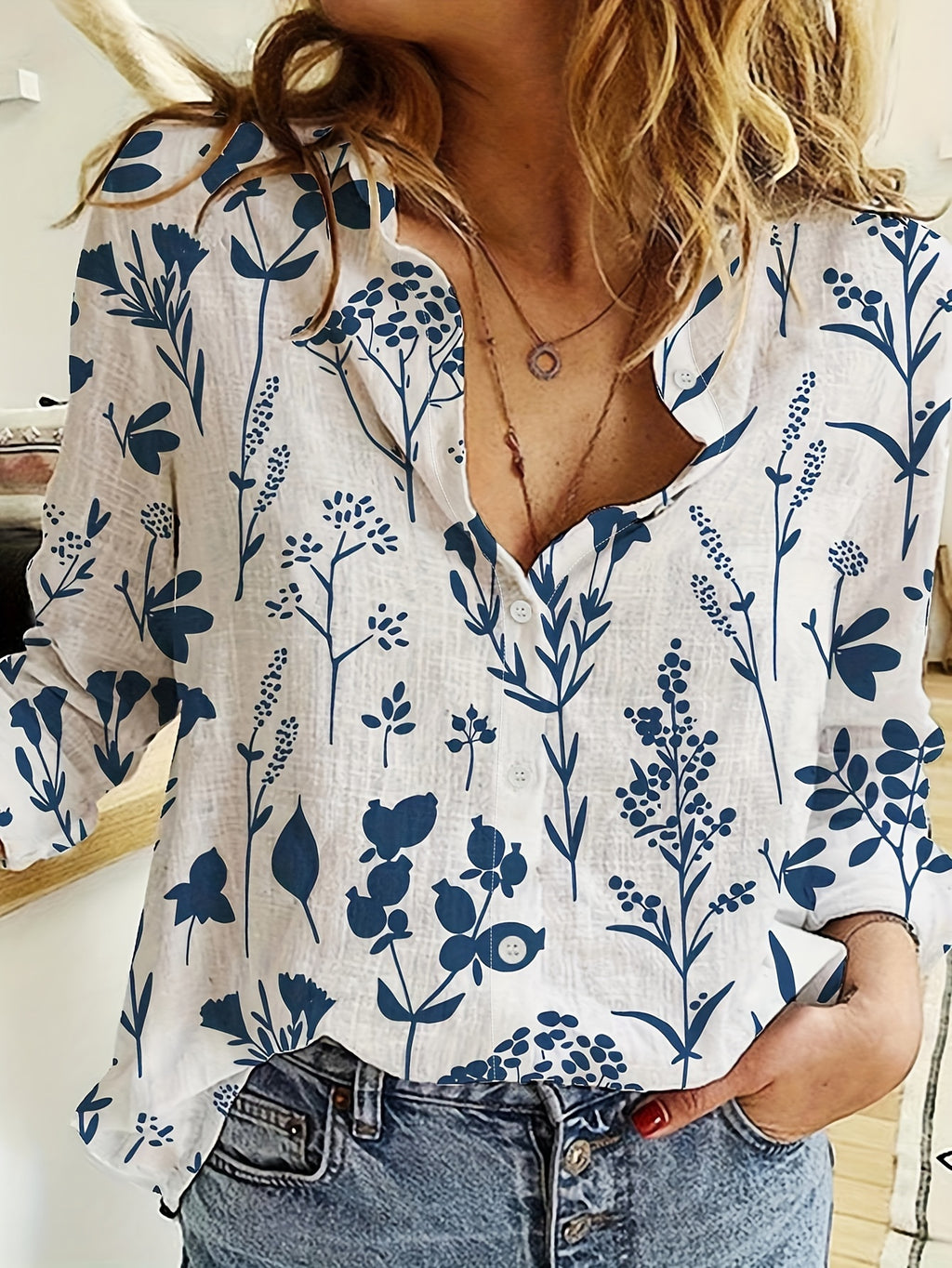 Velmira | Chemise à imprimé floral pour femme, fermeture boutonnée - Manches longues, style décontracté, col à revers