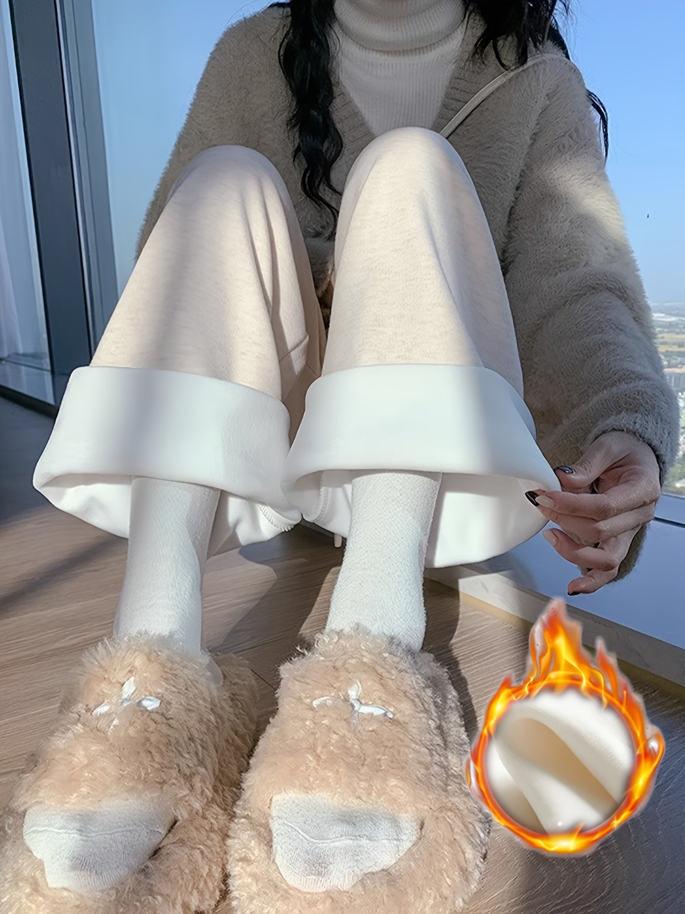 Meira | Knusse, met fleece gevoerde broek met wijde pijpen en hoge taille - Afslankende koordsluiting