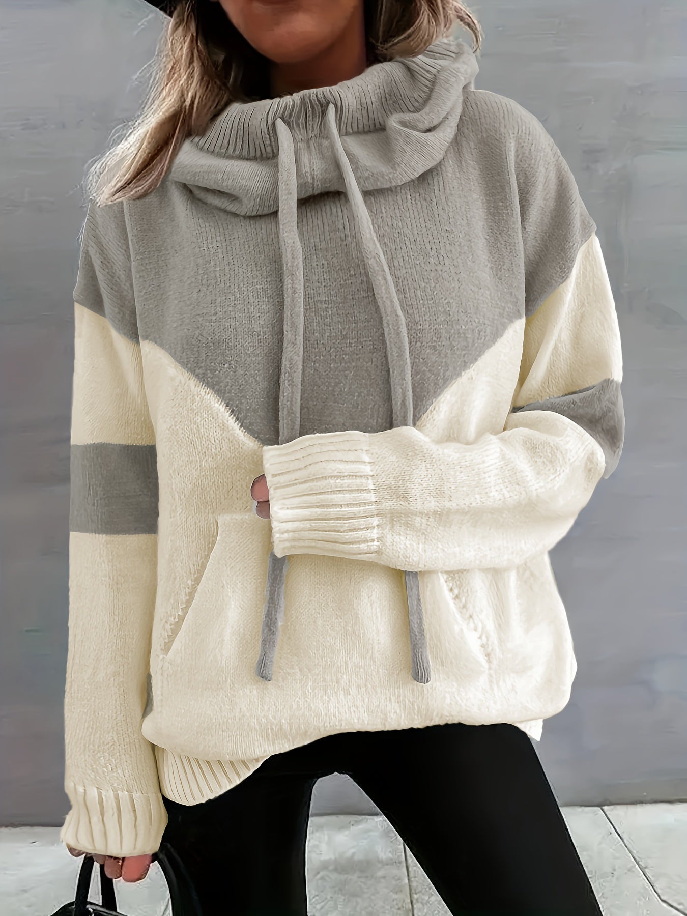 Aisola | Kleur Geblokte Trui met Capuchon voor Vrouwen - Casual Trui met Zak & Koord