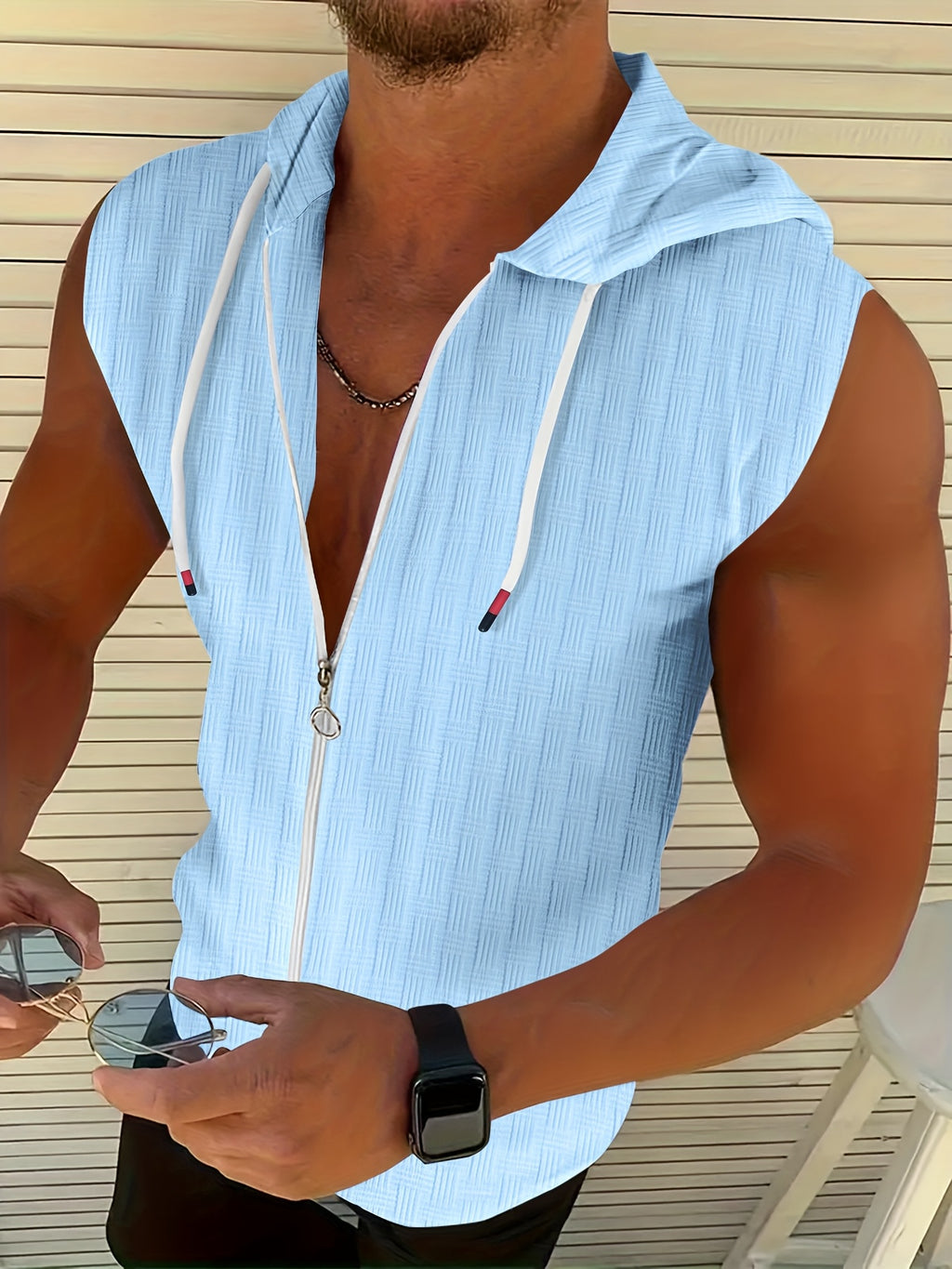Zeiron | Mouwloos hoodie tanktop met rits voor heren – lichte zomerse gym hoodie vest