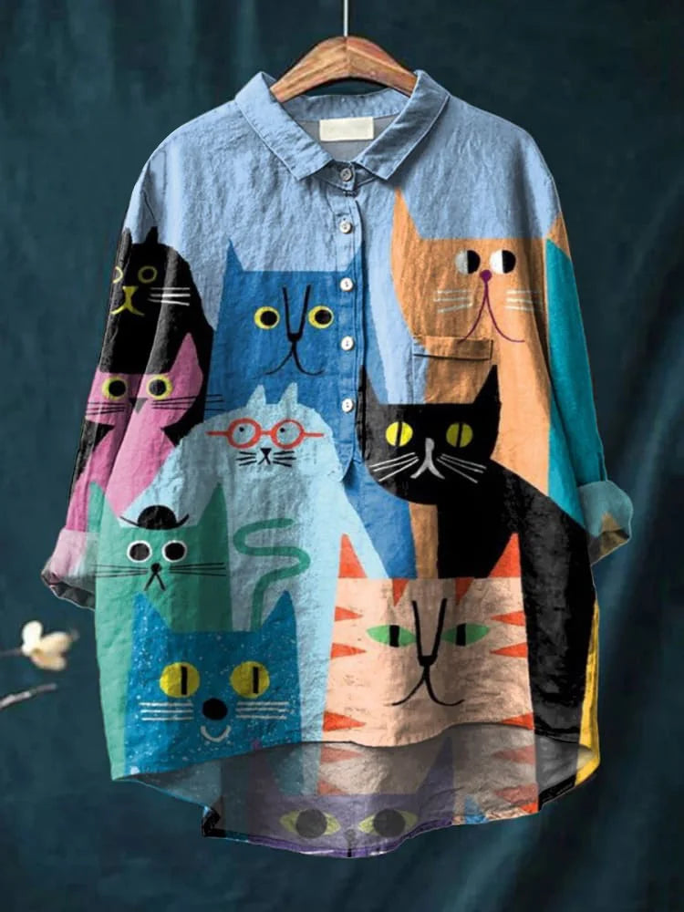 Elza | Oversized Damesshirt met Hondenkunst print - Lange Mouw Katoenen Casual Blouse