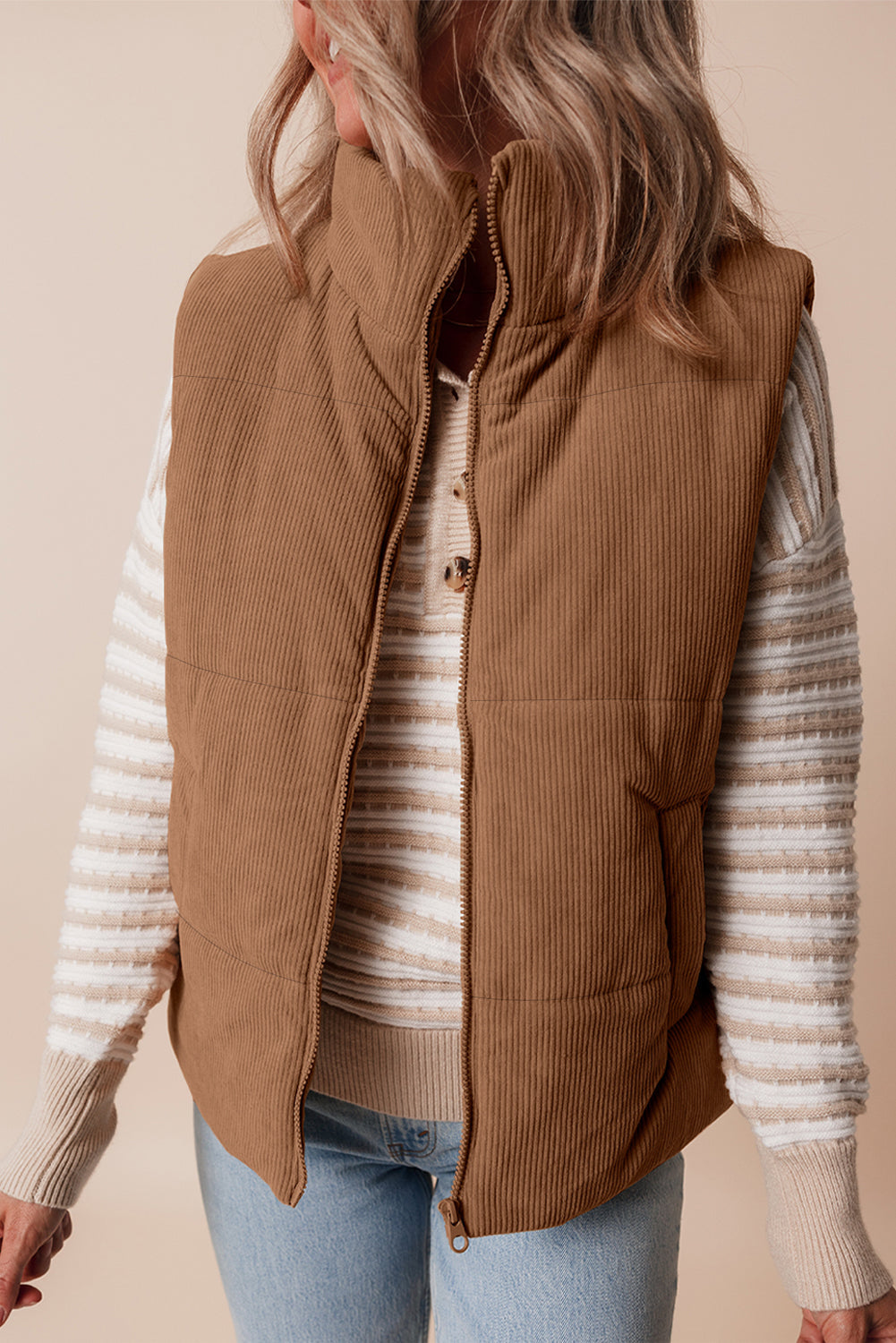 Dagny | Corduroy Puffer Vest met Ritssluiting Staande Kraag Casual Jack voor Dames