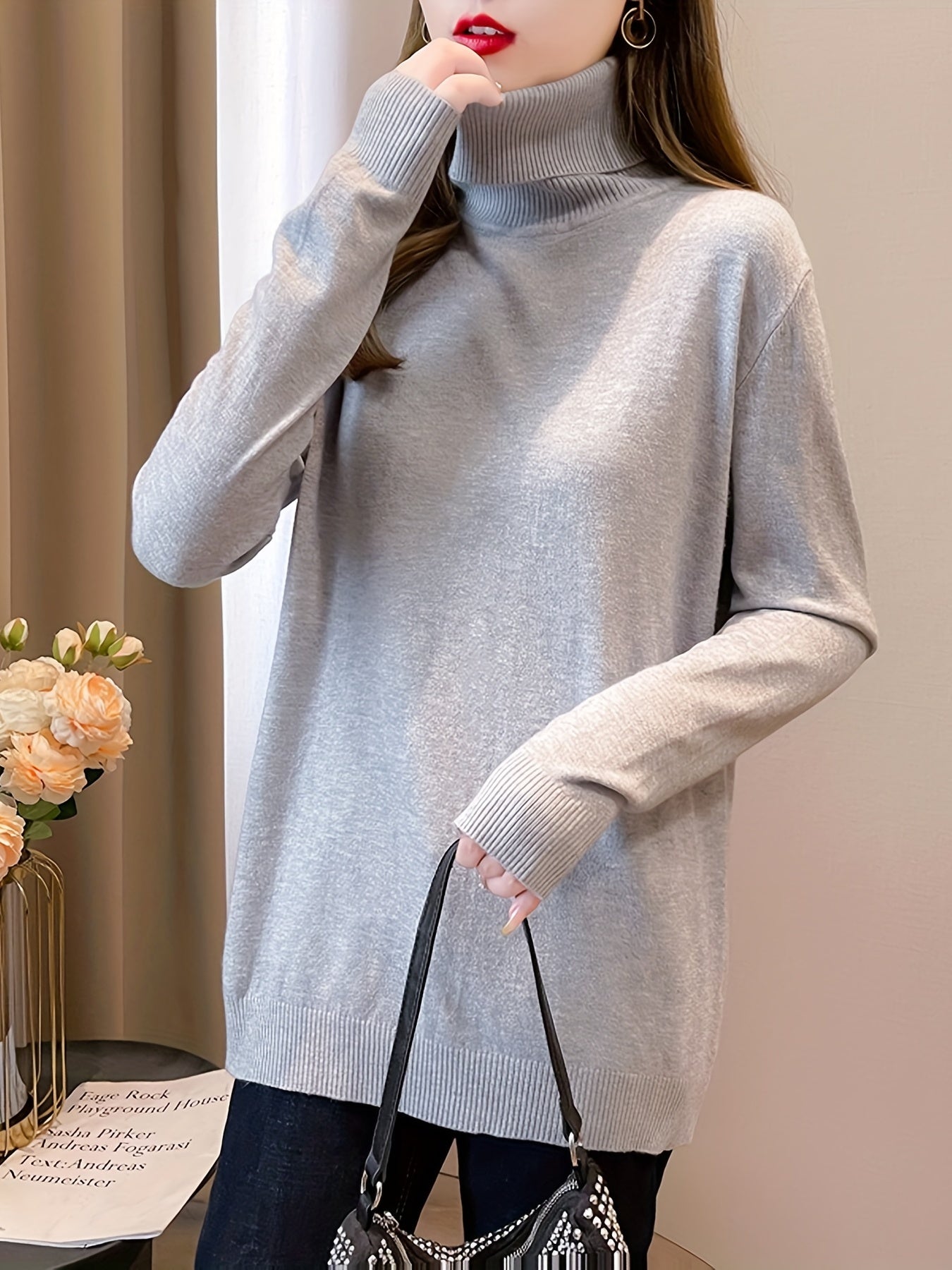 Amaranth | Plain knitted women's turtleneck sweater - Elegant long-sleeved sweater