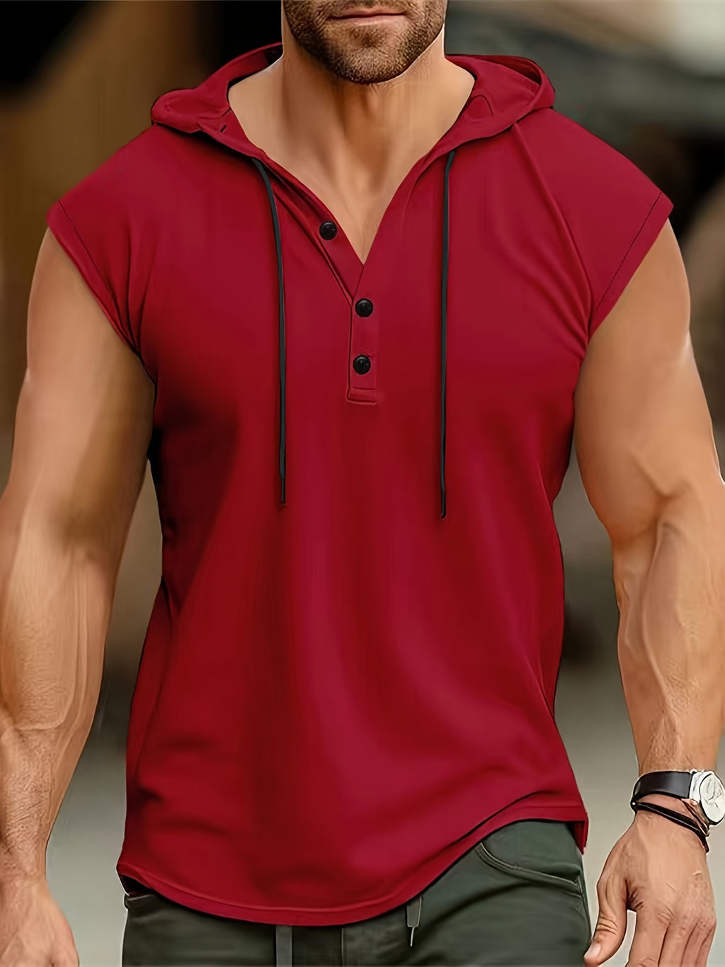 Acton | Heren mouwloze hooded Henley Tank - Ademend sportshirt