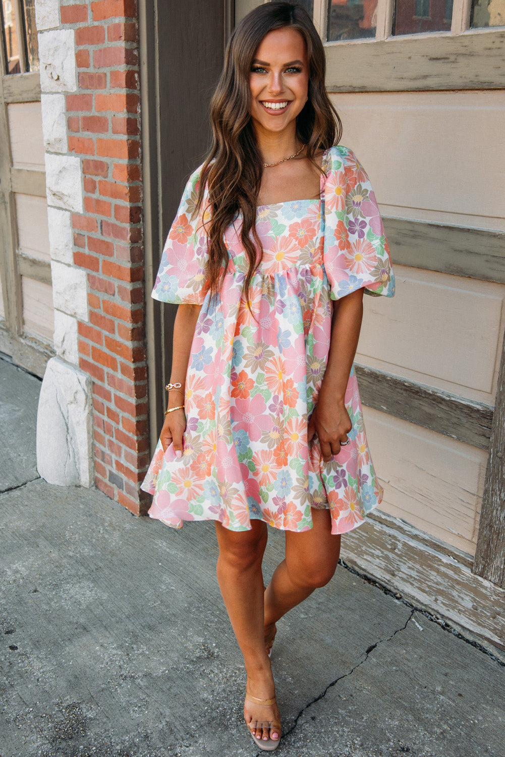 Melivra | Pink Floral Babydoll Dress - Square Neck, Puff Sleeves, Flowy Mini Dress