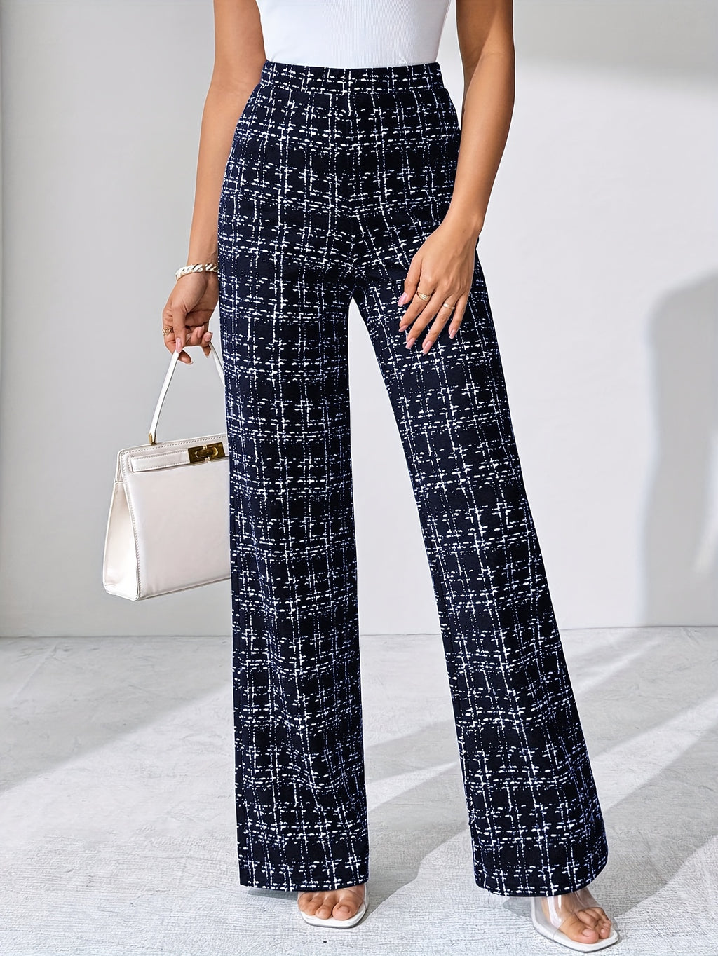 Laverna | Hoge taille geruite tweed flare broek voor dames – Rekbare casual broek met wijde pijpen