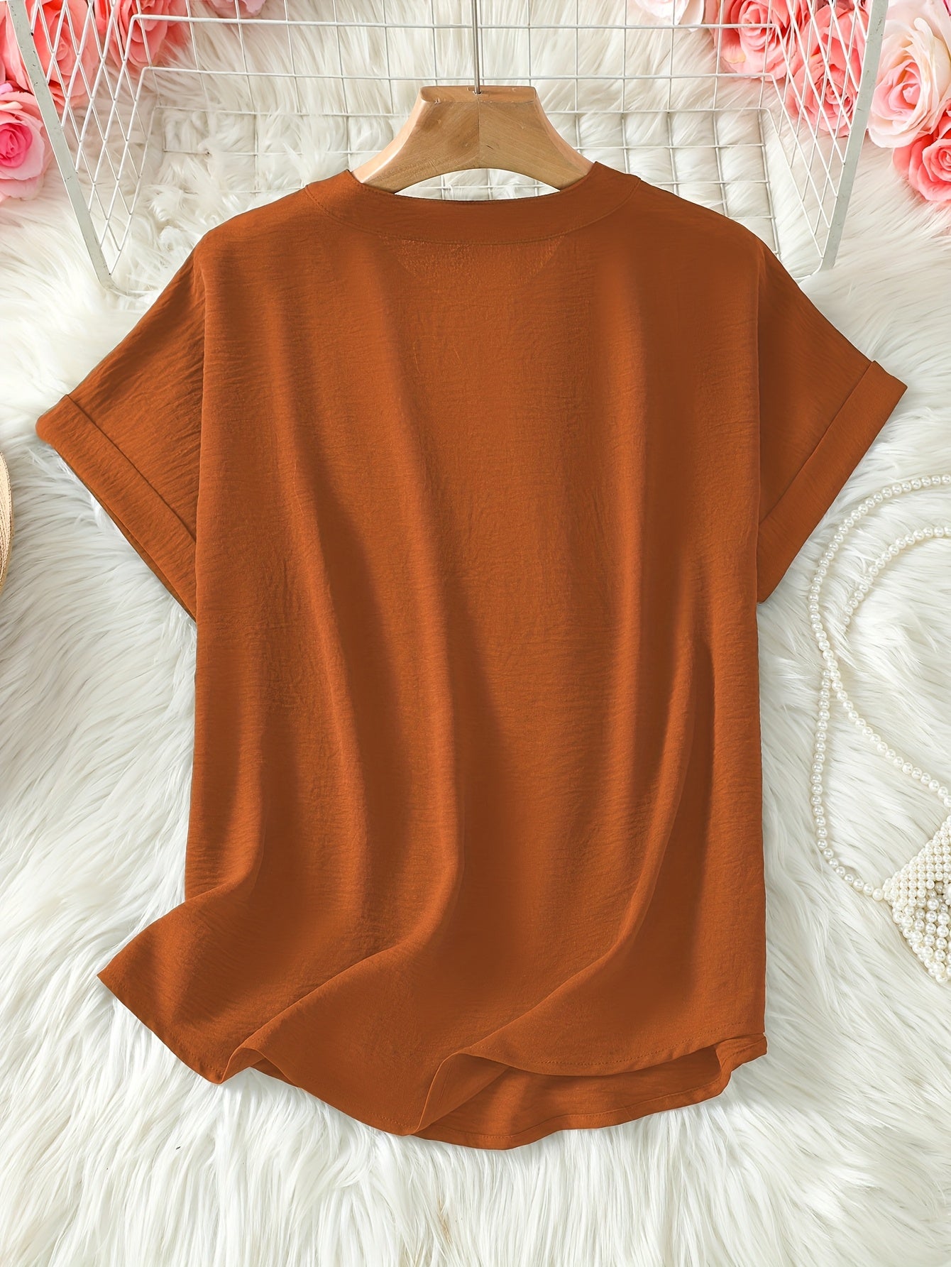 Elaria | Women V-Neck Blouse - Solid Color Loose-Fit Short Sleeve Top