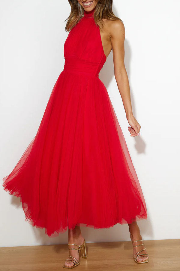 Bellina | Elegant Long Halter Neck Dress - Mesh Fabric