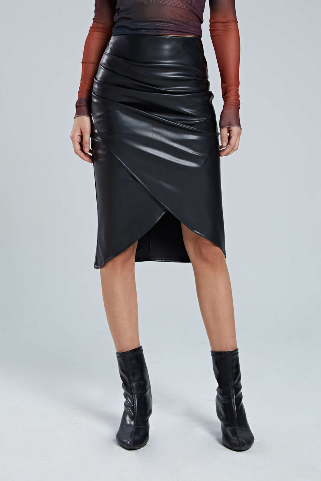 Kaelith | High-Waisted Faux Leather Ruffled Wrap Split Front Midi Skirt