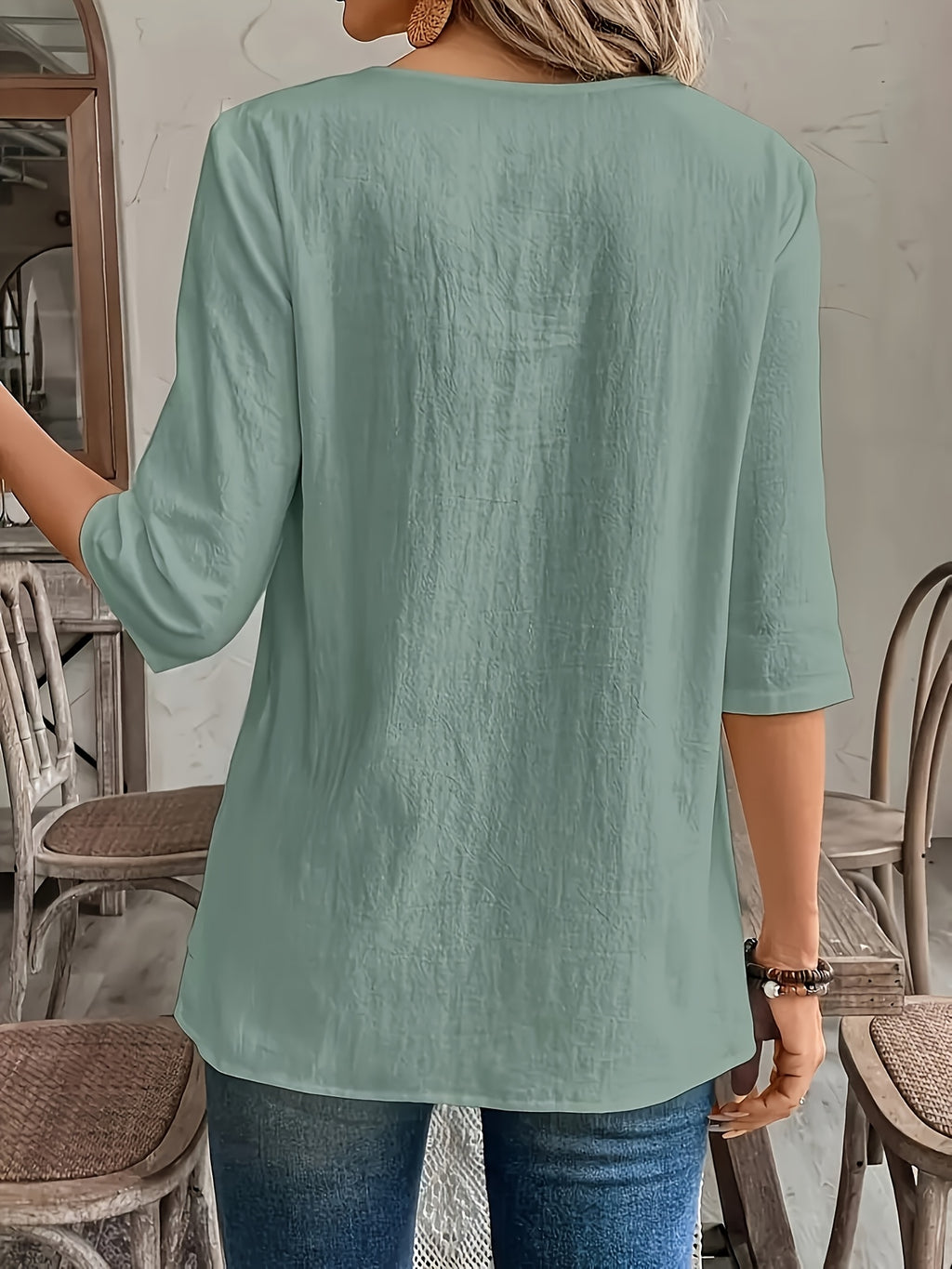 Ferene | Casual Women's Round Neck Shirt with Patchwork Hem, 3/4 Sleeves
