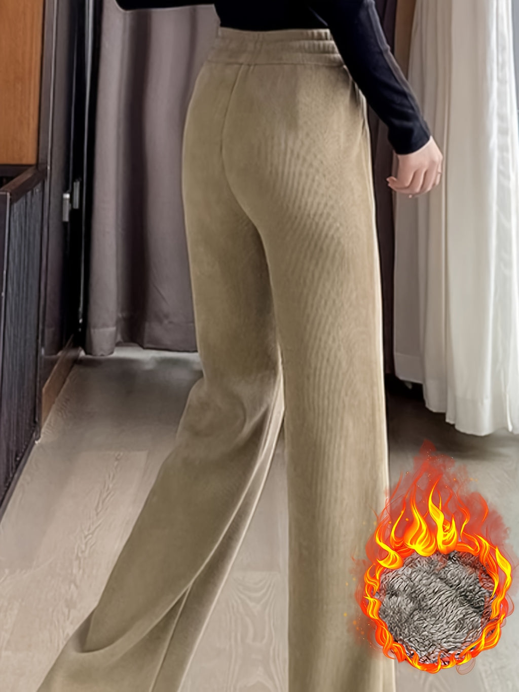 Denora | Knusse, met fleece gevoerde Corduroy broek met wijde pijpen - Warme winterjoggers met tunnelkoord