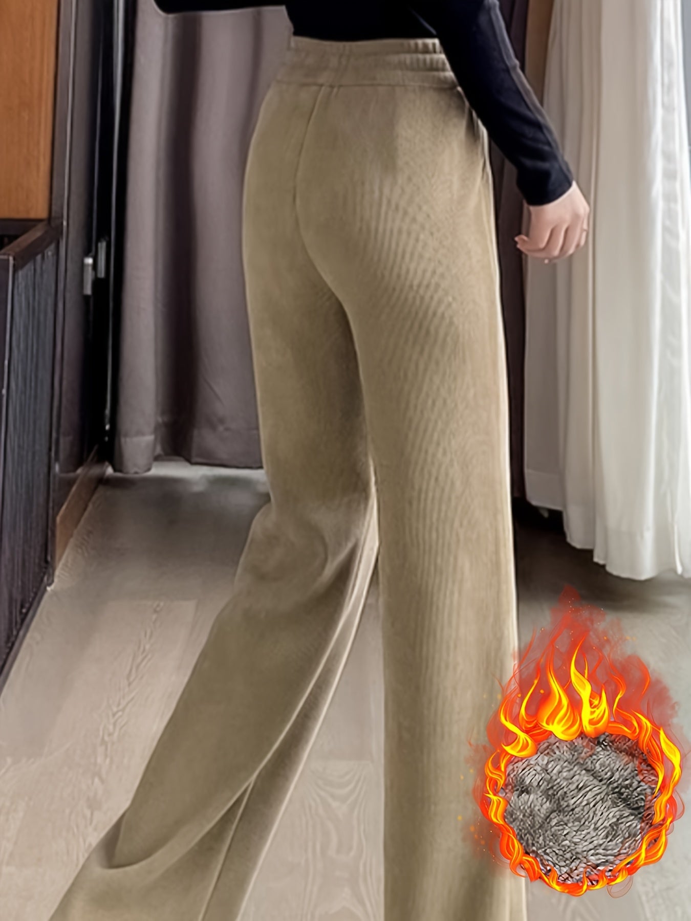 Denora | Knusse, met fleece gevoerde Corduroy broek met wijde pijpen - Warme winterjoggers met tunnelkoord