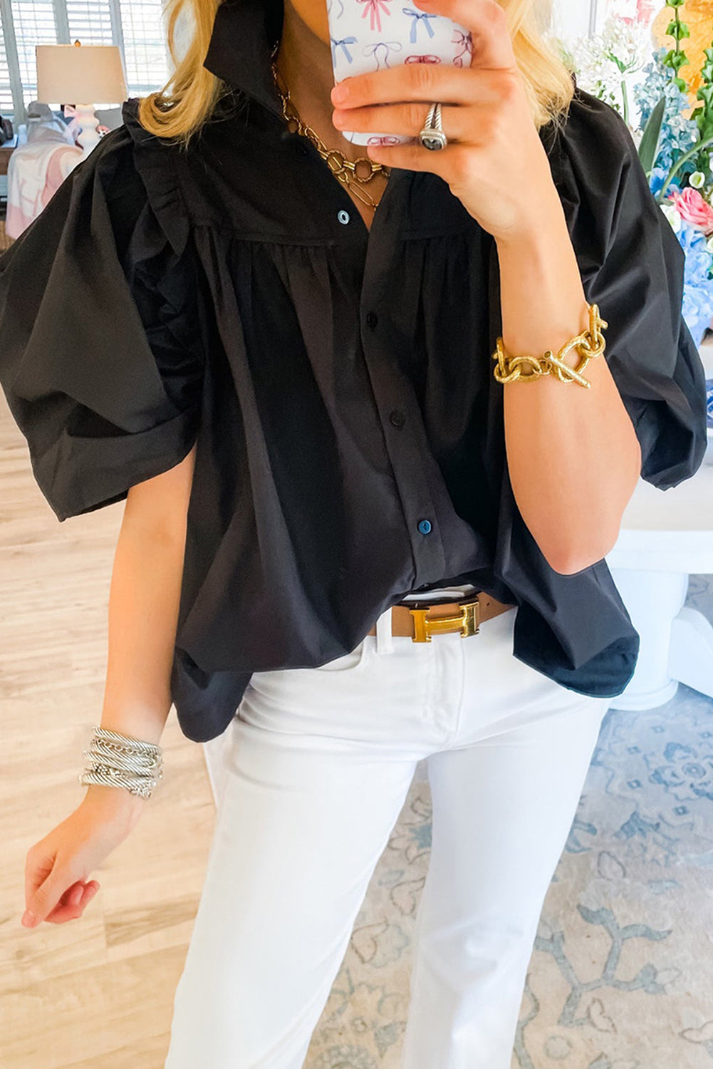 Imelda | Zwart Knisperend Los Shirt Met Pofmouwen