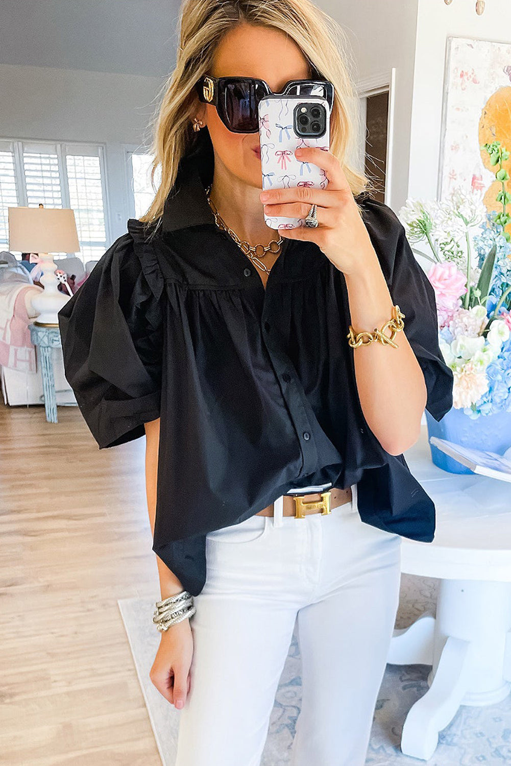 Imelda | Zwart Knisperend Los Shirt Met Pofmouwen