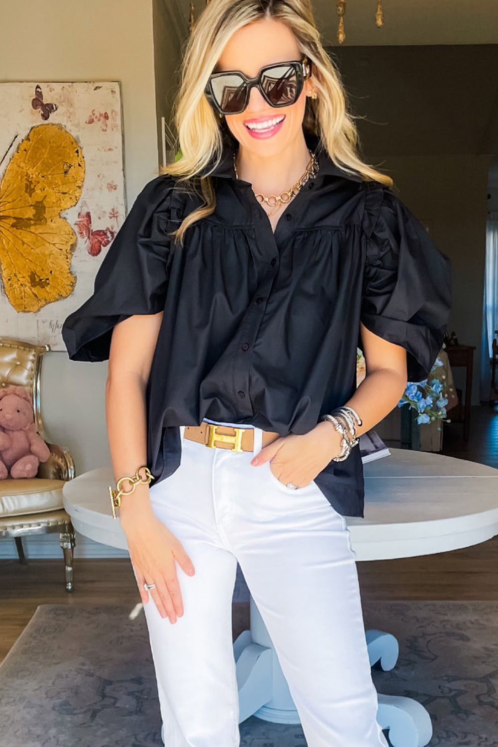 Imelda | Zwart Knisperend Los Shirt Met Pofmouwen