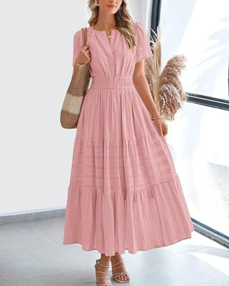 Olinda | Casual Short-Sleeved Maxi Dress - Flowy Long Dress for Women