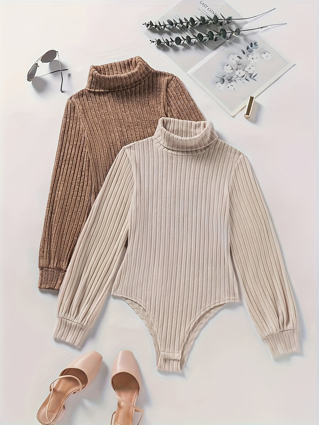 Leontine | Casual geribbelde damesbody met lange mouwen en schildpadhals - 2-delig