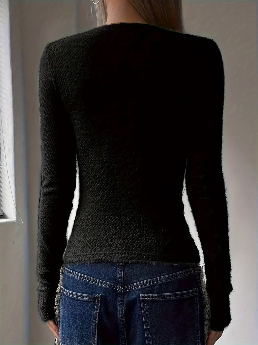 Isabeau | Casual gebreide damestop met lange mouwen - Effen T-shirt met ronde hals en polyester