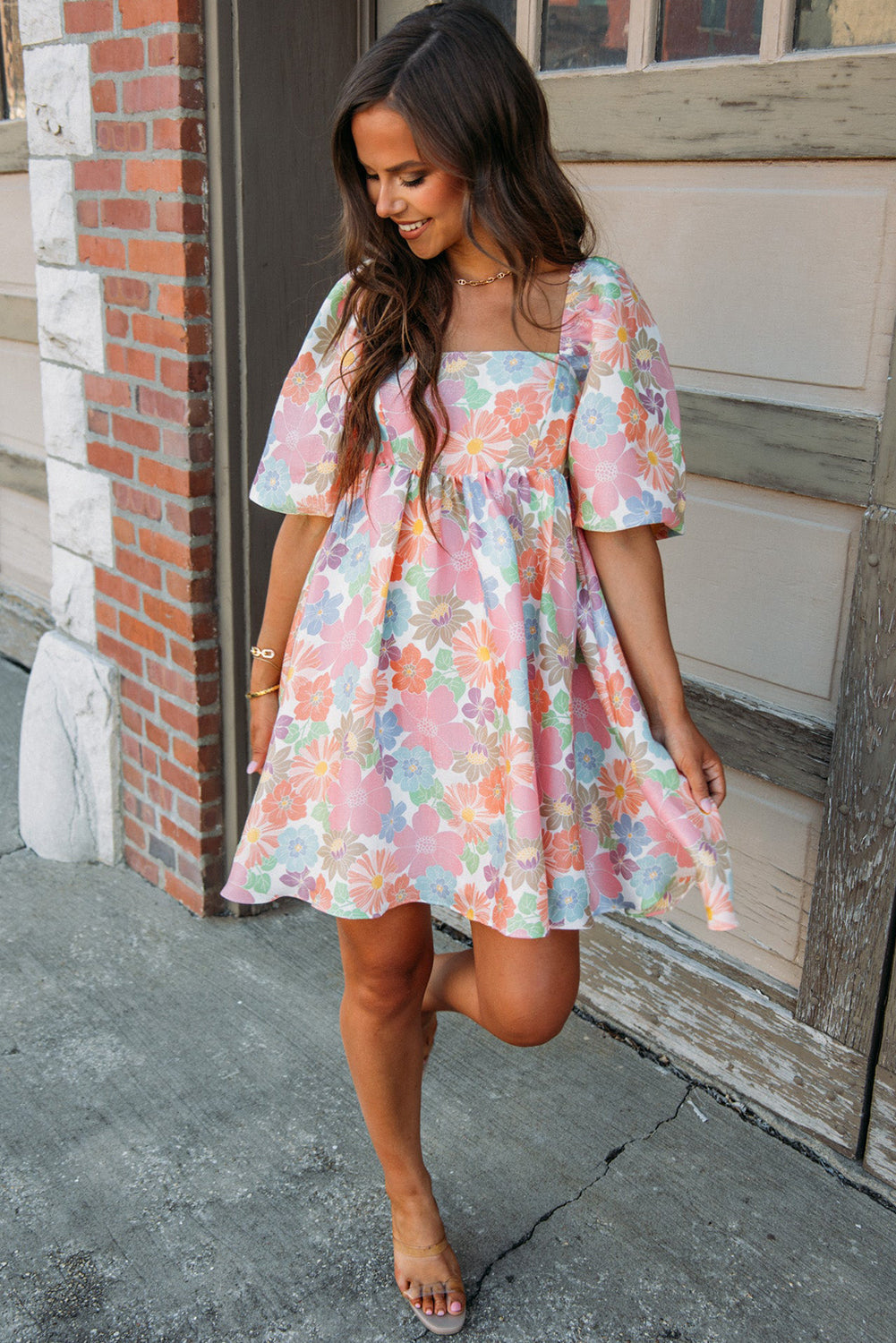 Melivra | Pink Floral Babydoll Dress - Square Neck, Puff Sleeves, Flowy Mini Dress