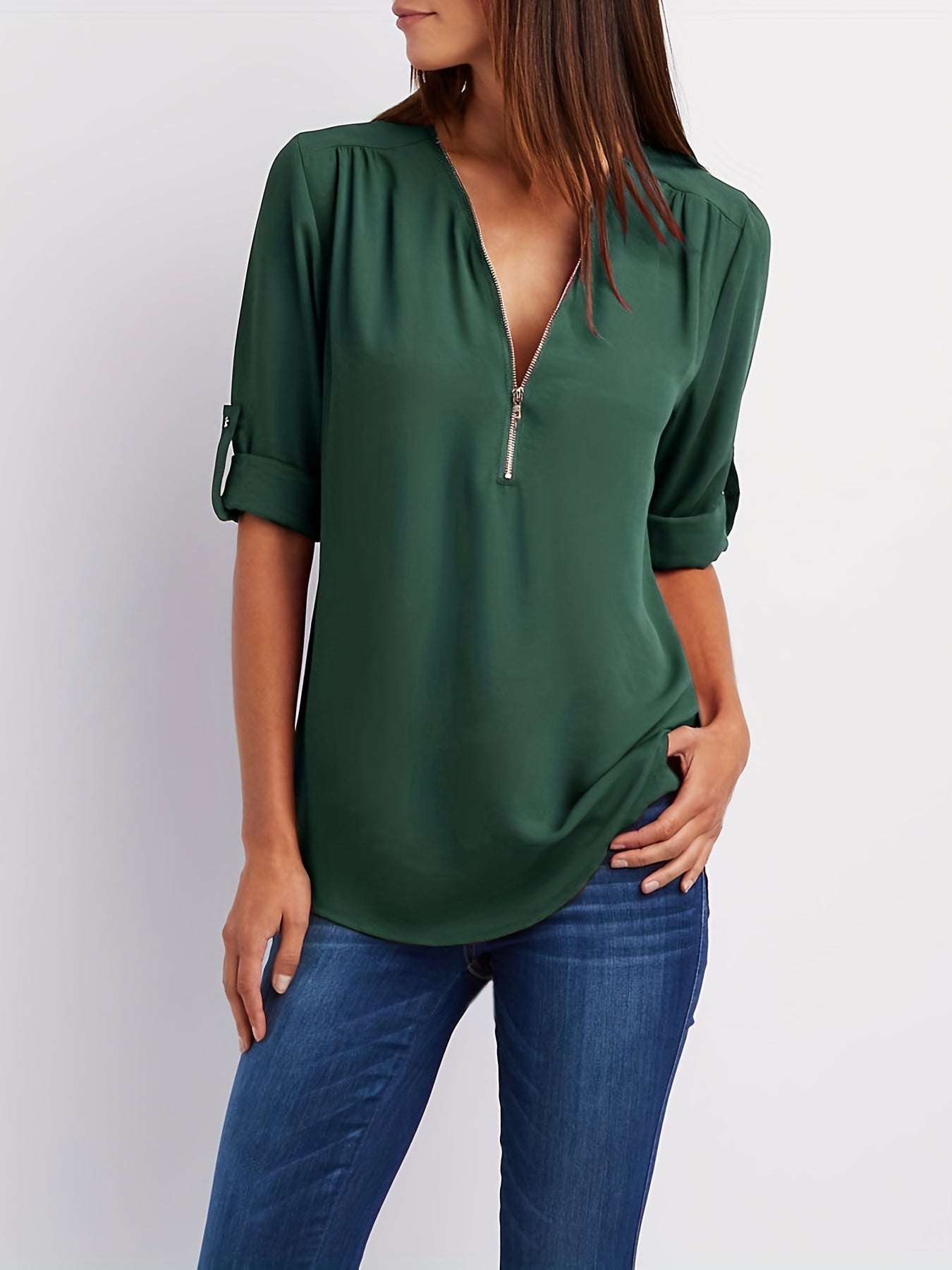 Veridiana | Women's V-Neck Half-Zip Blouse - Casual Ruffle Sleeve, Elegant and Breathable