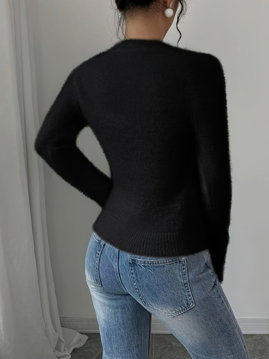 Nadine | Warme dames fleece trui - Fuzzy gebreide ronde hals top in effen kleur