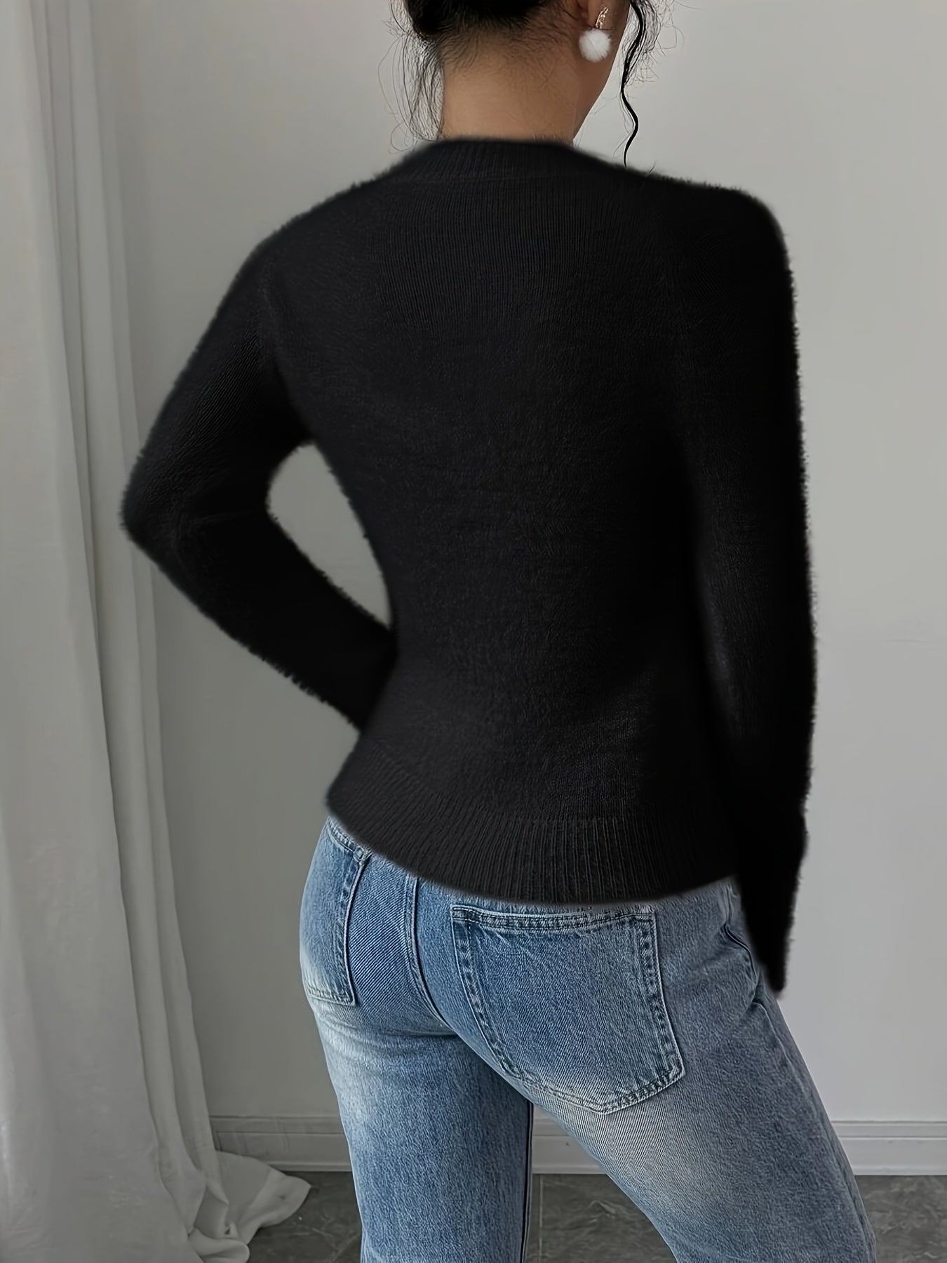Nadine | Warme dames fleece trui - Fuzzy gebreide ronde hals top in effen kleur