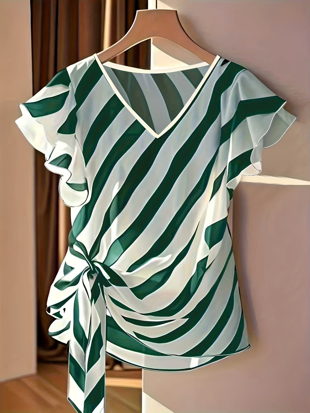 Kelyn | Casual zomertop voor dames – Gestreepte blouse met V-hals en strik in de taille