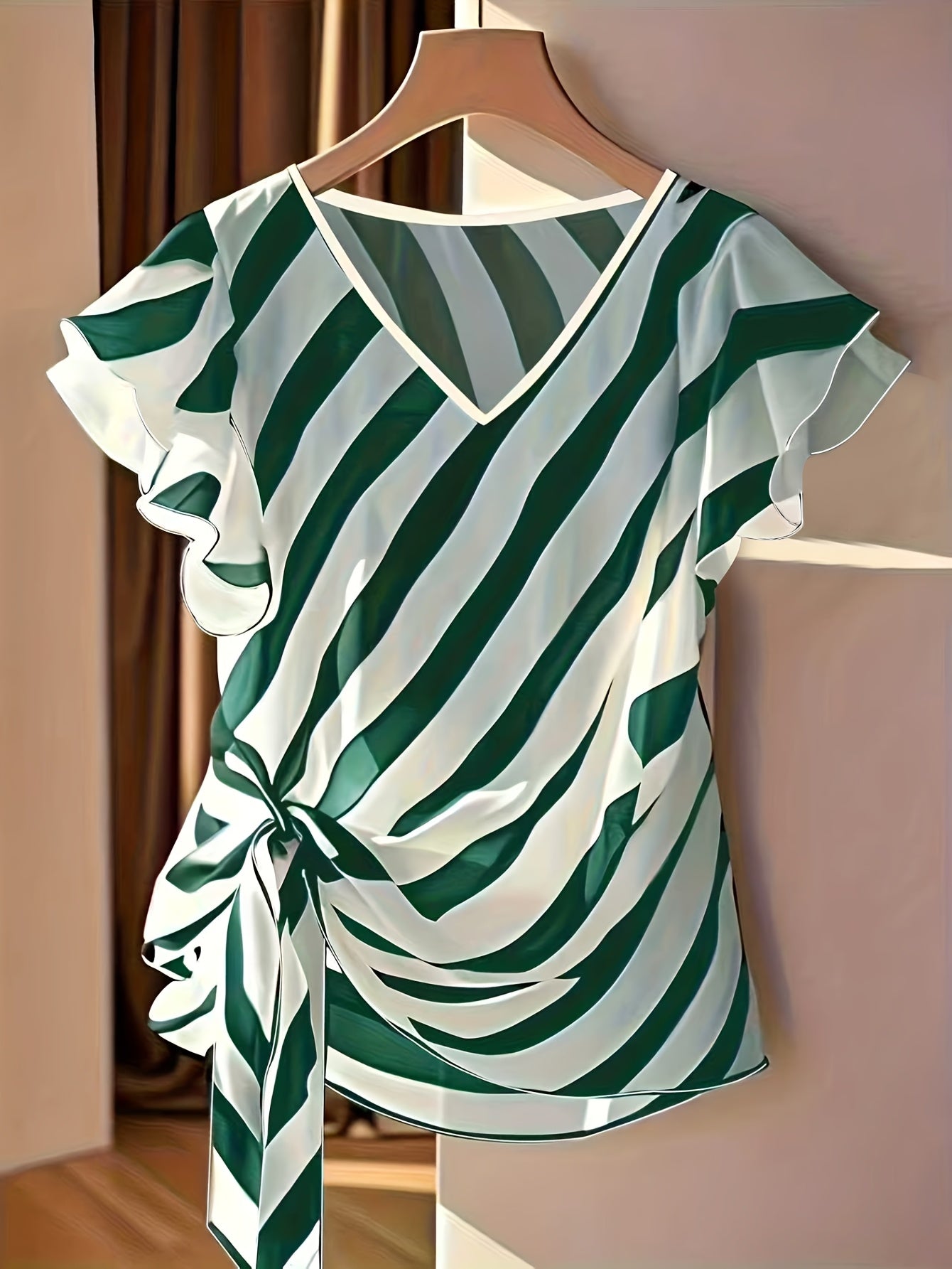 Kelyn | Casual zomertop voor dames – Gestreepte blouse met V-hals en strik in de taille