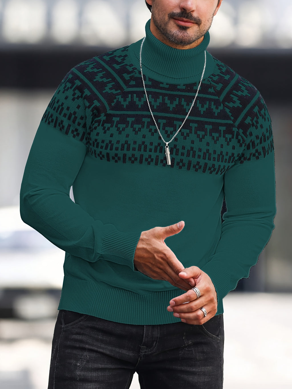 Beckett | Gebreide coltrui met geometrische grafische print, casual trui met lange mouwen voor herfst en winter