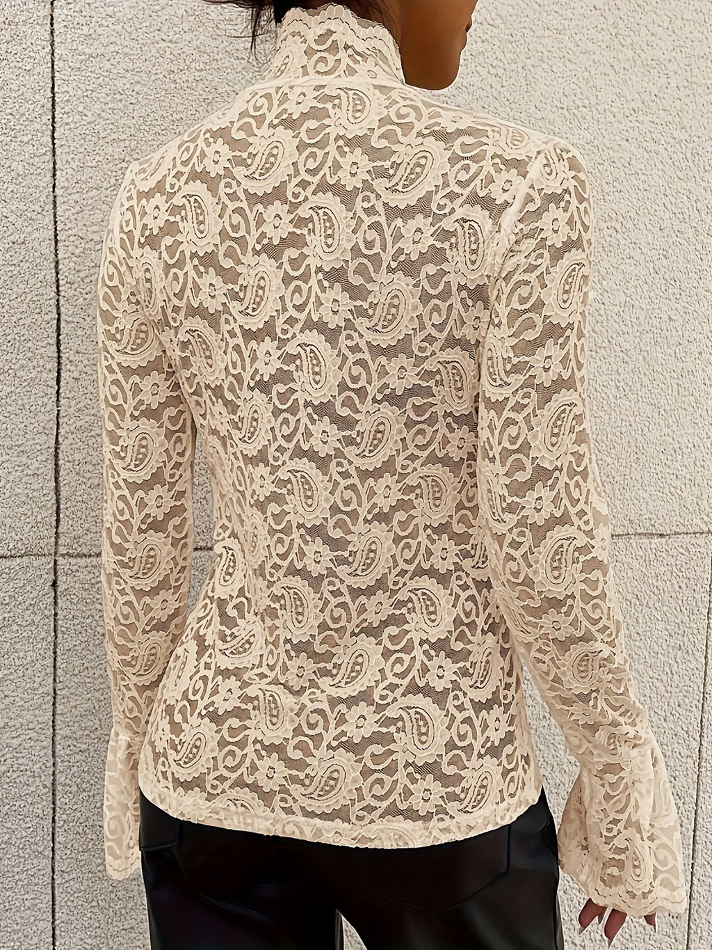 Arantxa | Paisley Patroon Kanten Lange Mouw T-shirt - Hoge Hals Casual Top