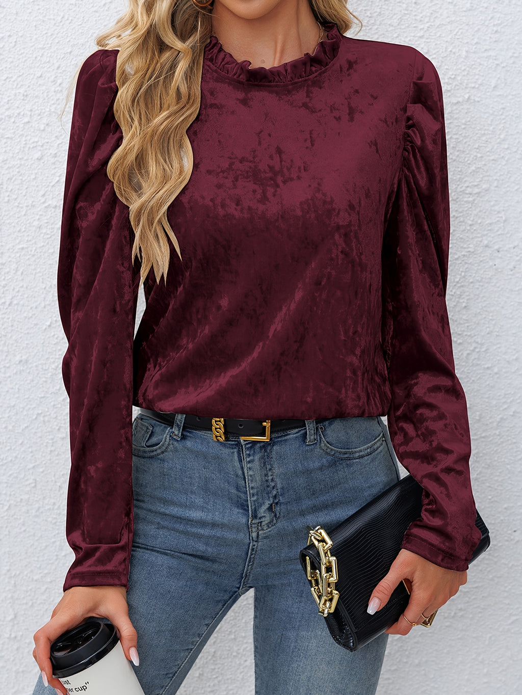 Zeena | Damesfranjehals fluwelen top - Elegante lange pofmouwblouse