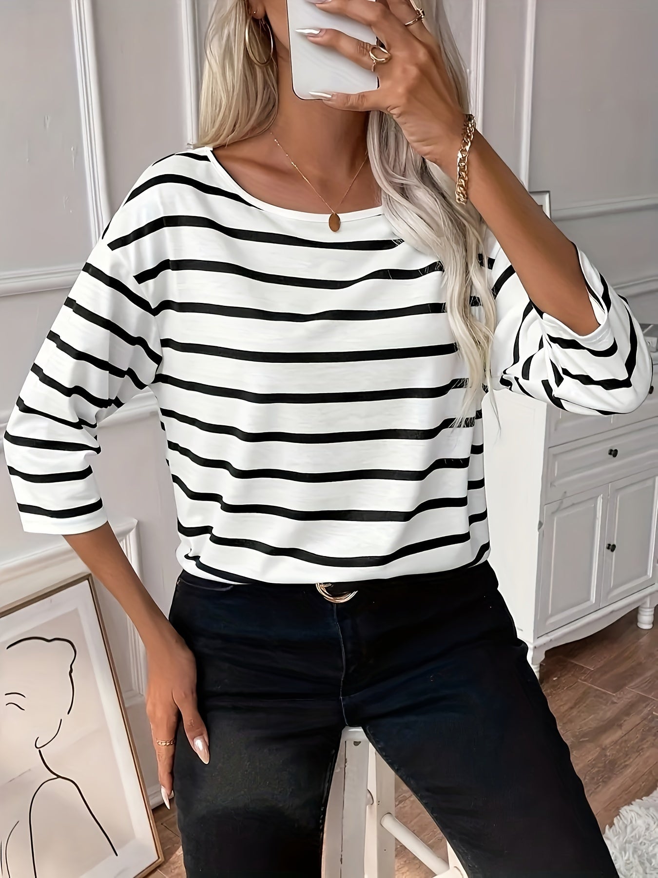 Daelith | Gestreept gebreid dames T-shirt - 3/4 mouwen, casual lichtgewicht top