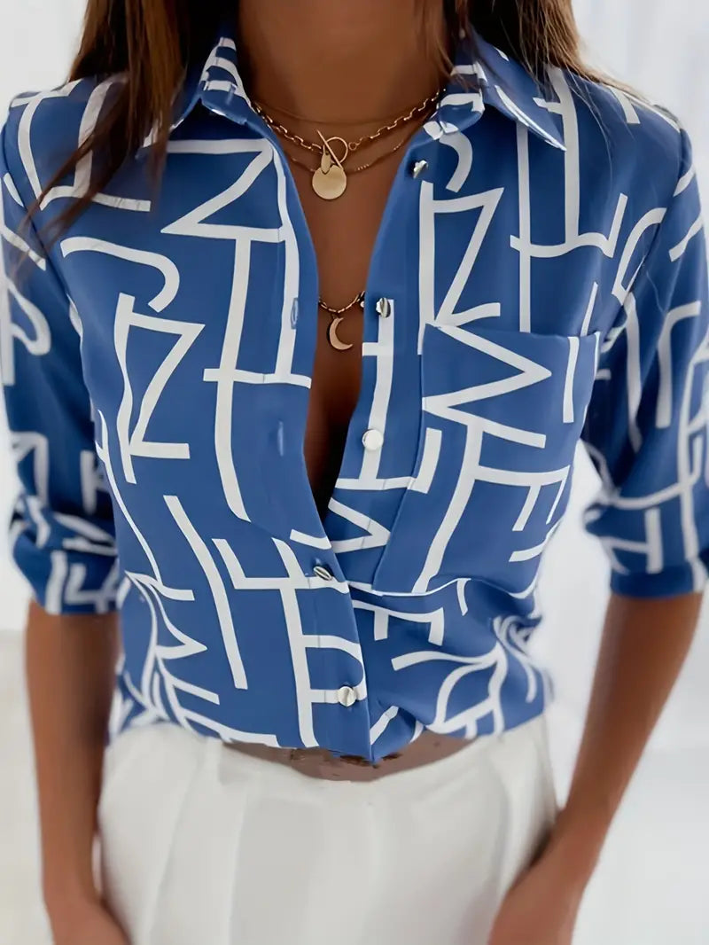Perrine | Women's Stylish Printed Button-Down V-Neck Blouse - Long Sleeves, Casual Spring Top