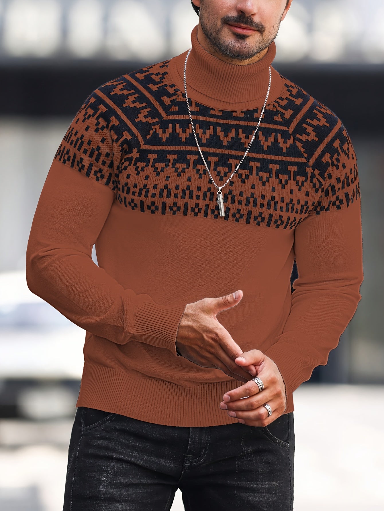 Beckett | Gebreide coltrui met geometrische grafische print, casual trui met lange mouwen voor herfst en winter