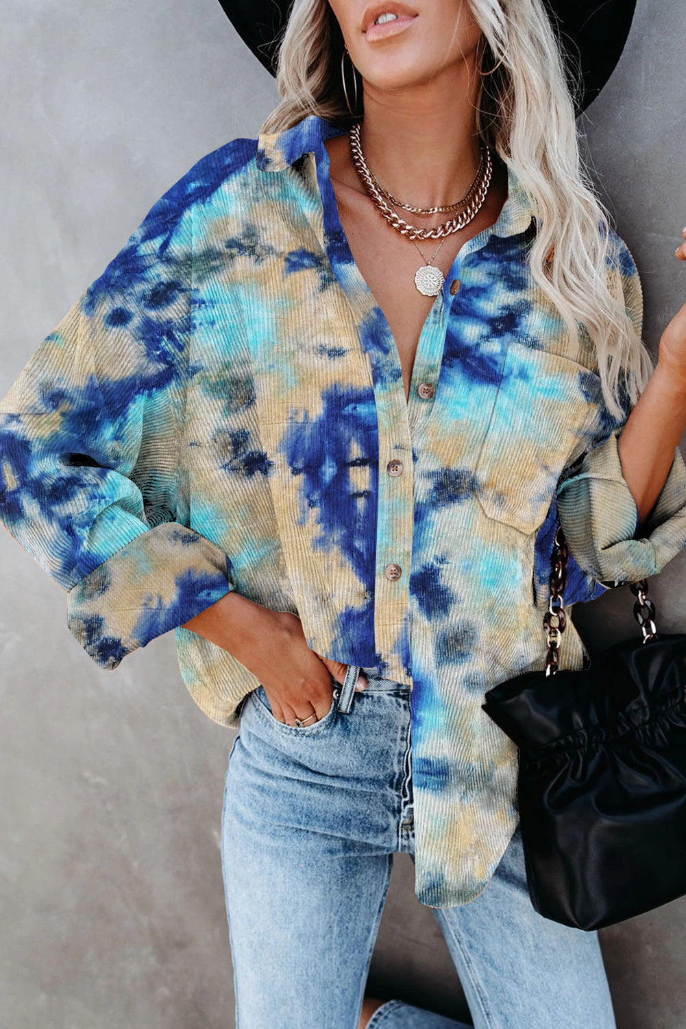Delyra | Women's tie-dye corduroy shirt - Oversized, Long sleeves, Button closure - casual top