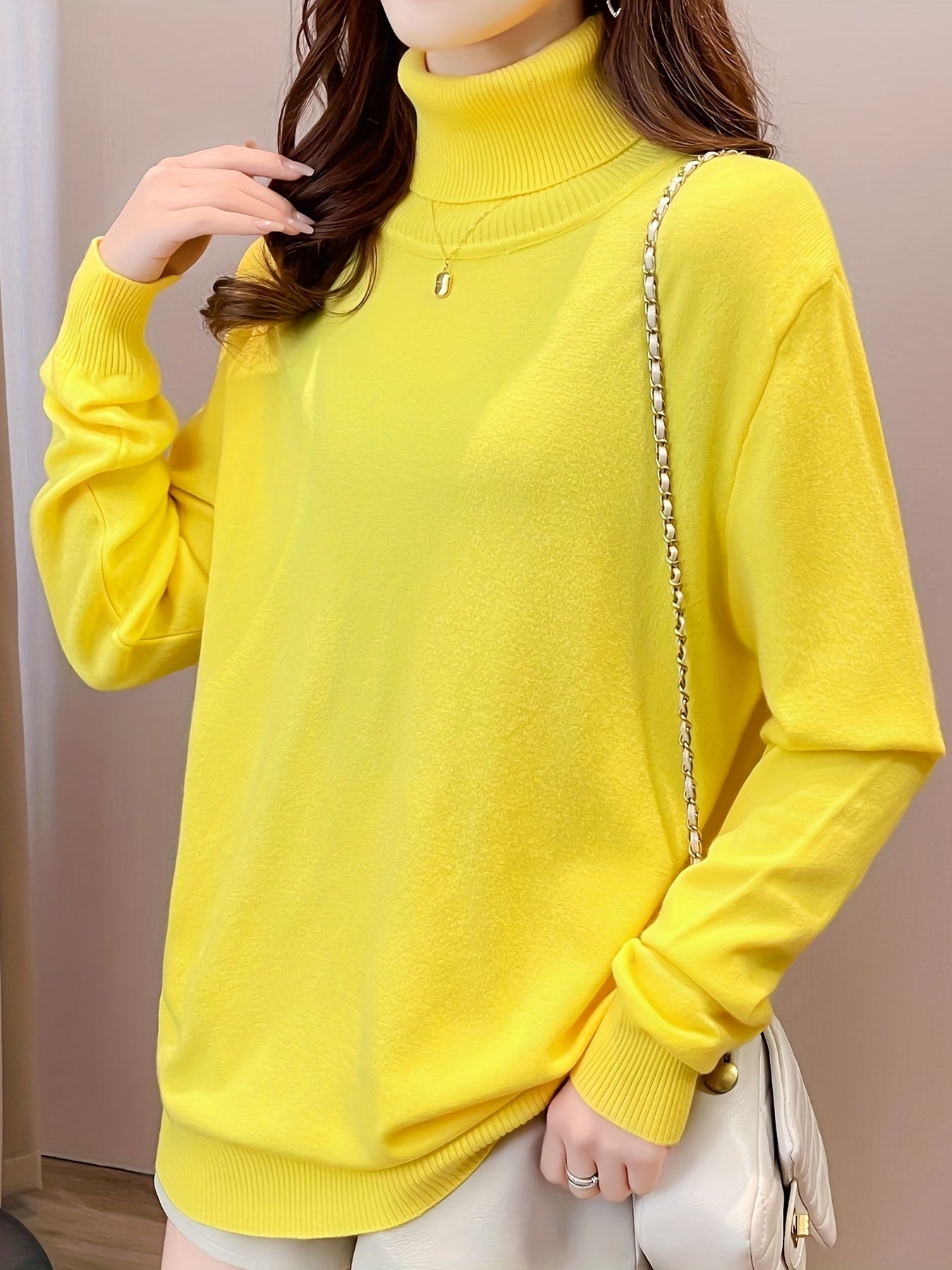 Amaranth | Plain knitted women's turtleneck sweater - Elegant long-sleeved sweater