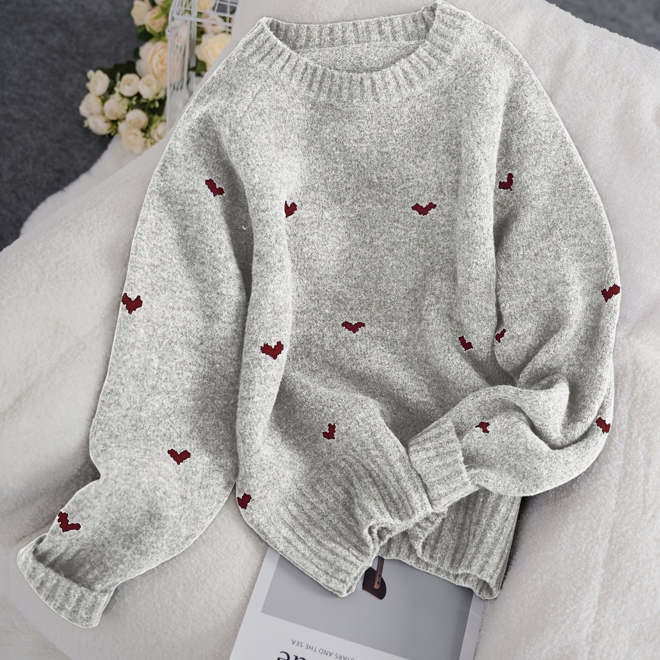 Solenne | Dames trui met hartjespatroon – Minimalistische gebreide pullover, ronde hals, losse pasvorm
