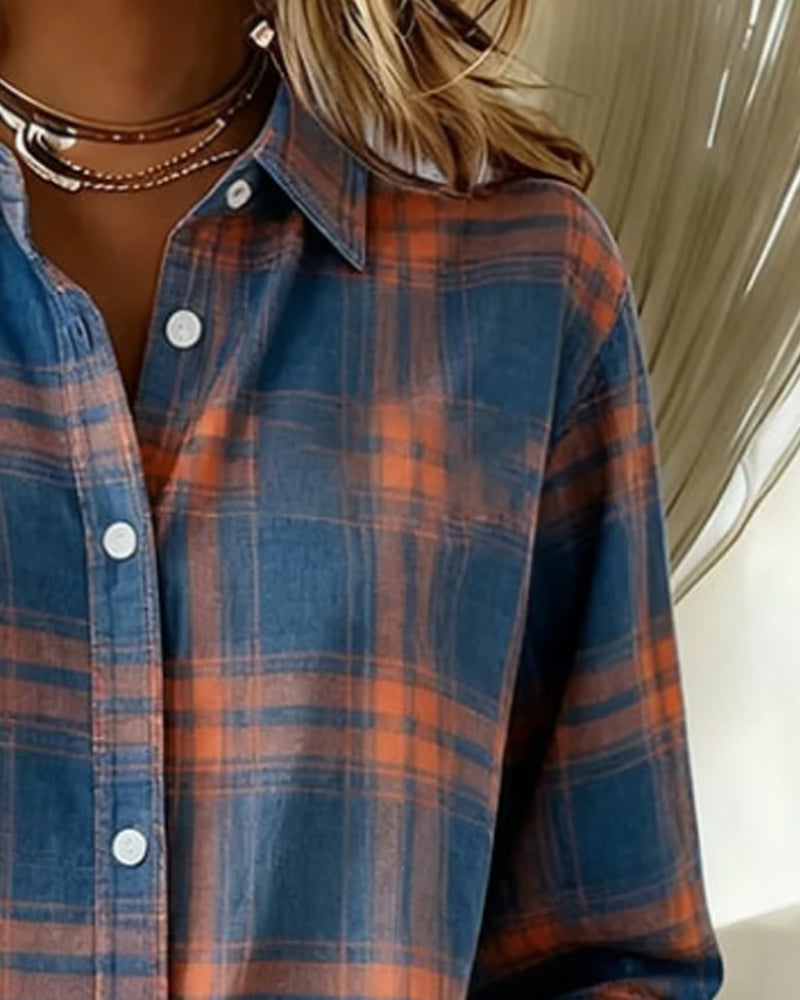 Jarella | Geruite damesblouse met omgeslagen kraag – Casual blouse met lange mouwen van katoenmix