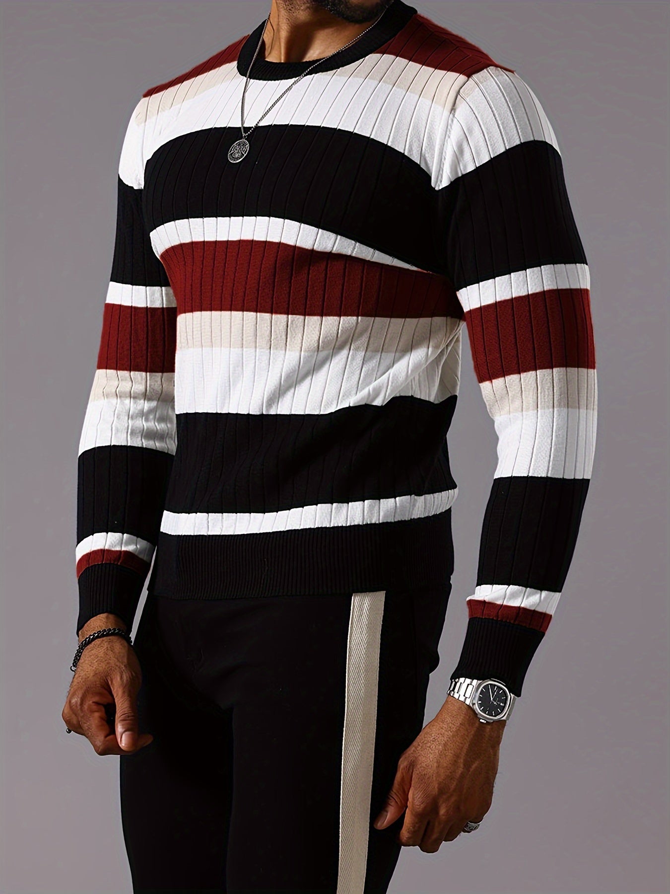 Epoch | Casual Gestreepte Pullover met Kleurblokken voor Heren - Sweater met Lange Mouwen en Ronde Hals