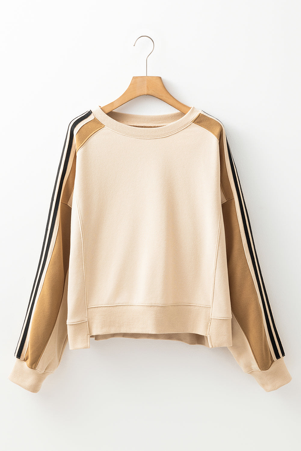 Amira | Beige Gestreept Patchwork Losvallende Schouder Sweatshirt voor Dames