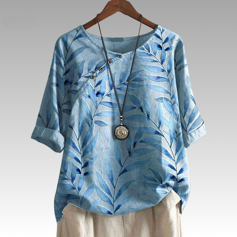 Esmeralda | Women's Leaf Print Blouse with 1/4 Sleeve and Button Accents - Casual Nature-Inspired Shirt
