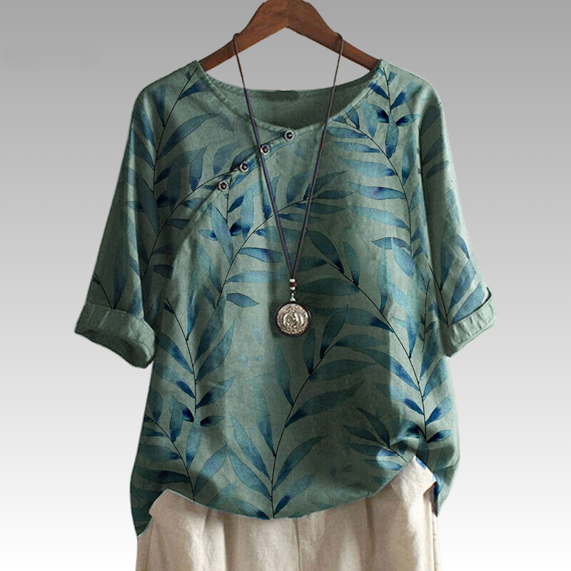 Esmeralda | Women's Leaf Print Blouse with 1/4 Sleeve and Button Accents - Casual Nature-Inspired Shirt