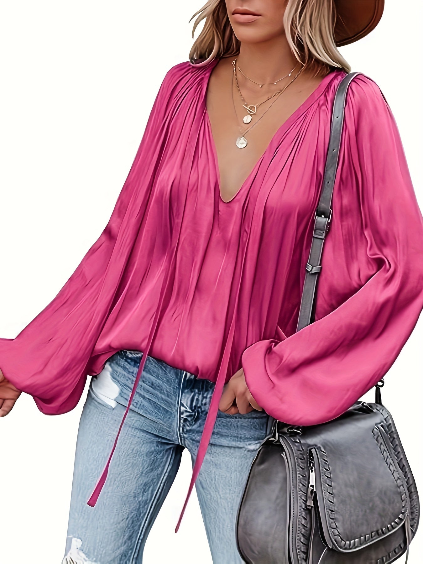 Vaiana | Women's Satin V-Neck Blouse with Lantern Sleeves - Elegant, Loose-Fitting, Dressy Top