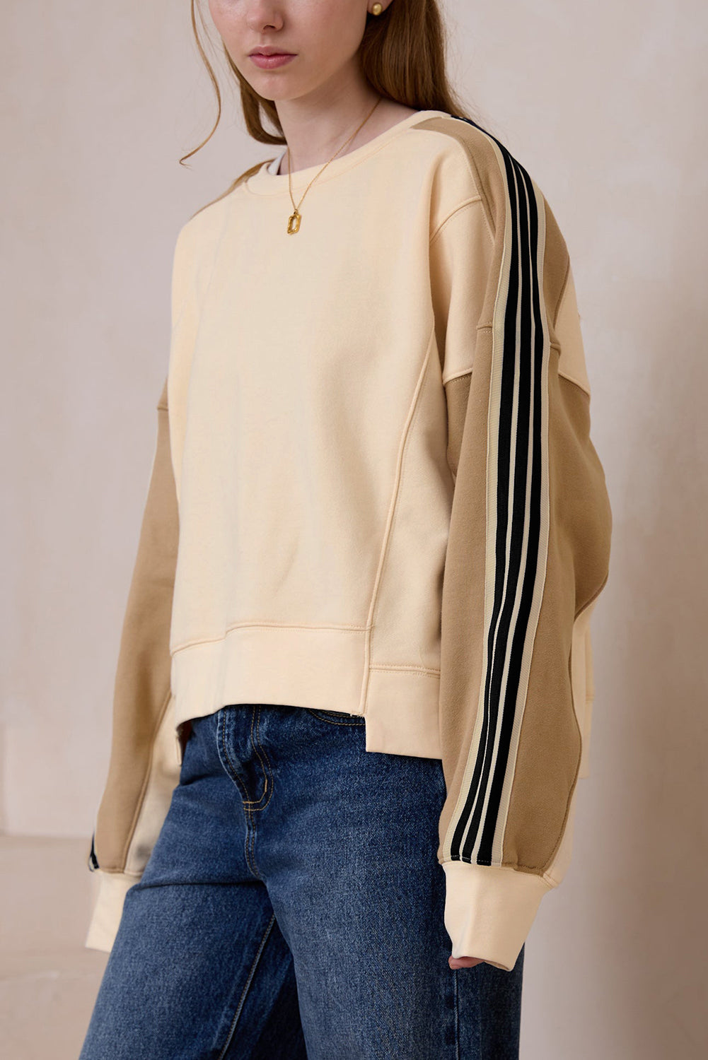 Amira | Sweat-shirt ample à rayures beiges patchwork pour femme