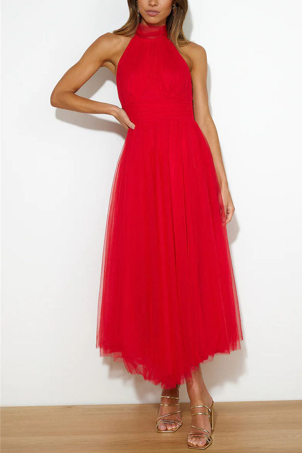 Bellina | Elegant Long Halter Neck Dress - Mesh Fabric
