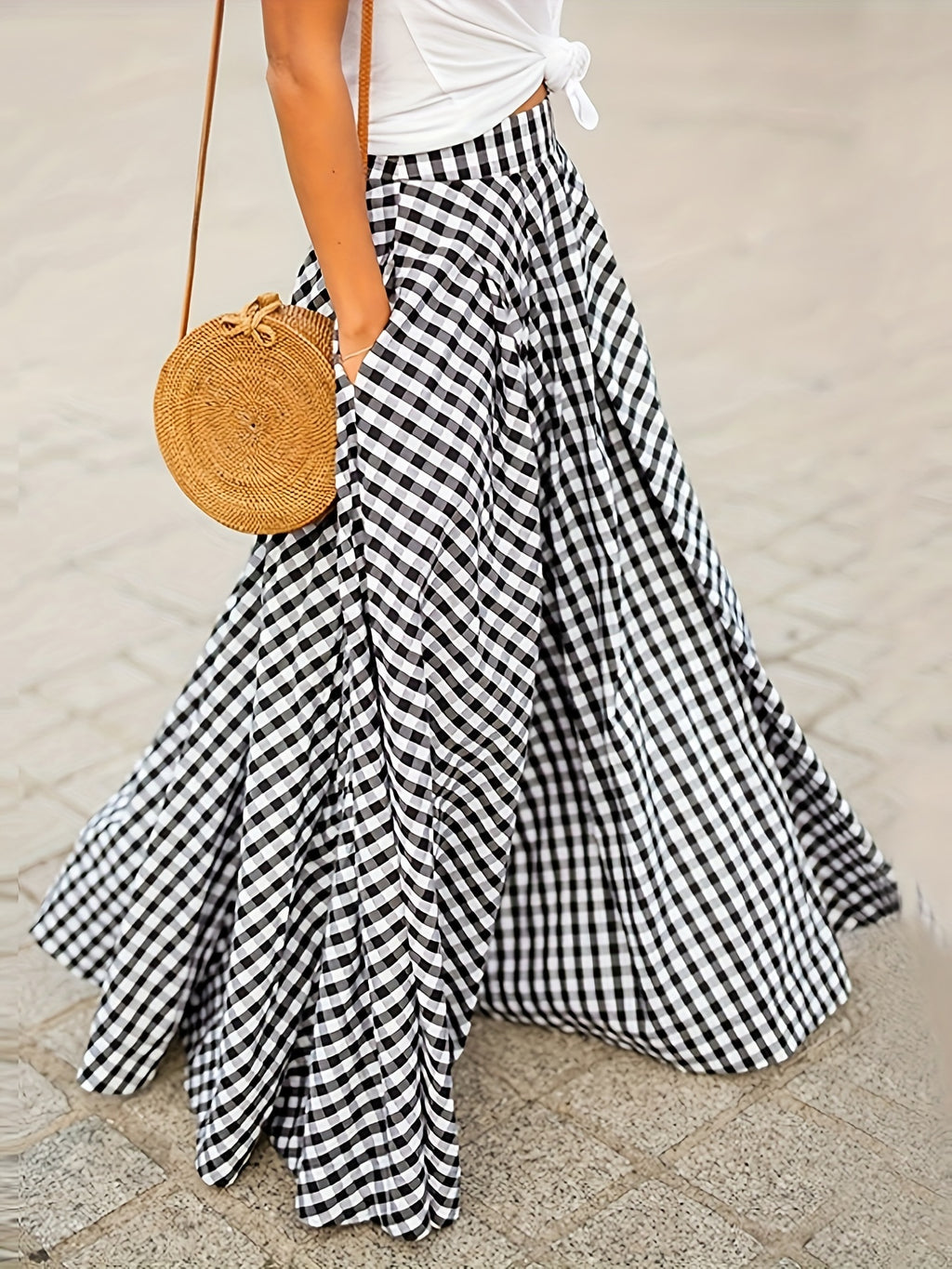 Mirthea | Gingham Midi Skirt for Women - high waist, flowy A-line, elegant and lightweight